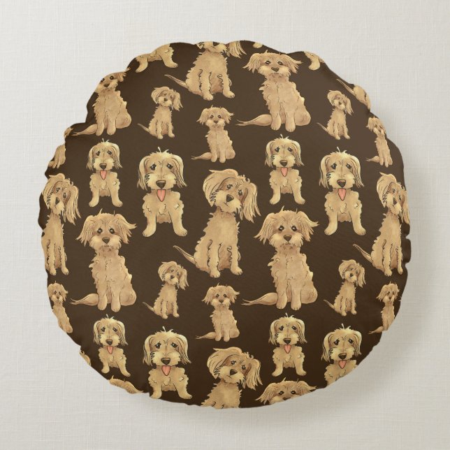 Dog Pattern Brown labradoodle goldendoodle Rundes Kissen (Vorderseite)