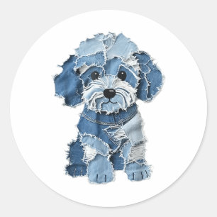 Dog Pattern Denim Patchwork Art Runder Aufkleber