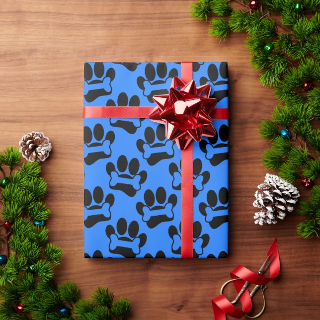 Dog Paw Drucke und Knochen Muster schwarz Blau Geschenkpapier (Feiertagsgeschenk)