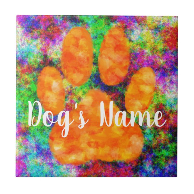 Dog Paw Druckfarbe Aquarell mit Individuelle Name Fliese (Vorderseite)