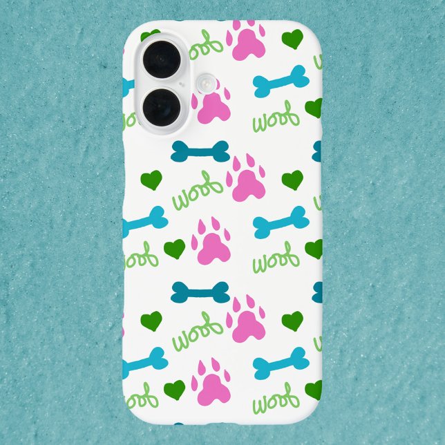 Dog Paw Druckknochen Hörnchen rosa blau grün Case-Mate iPhone Hülle (A phone case with a pattern of dog paws, bones, hearts and woof in pink, blue and green.)