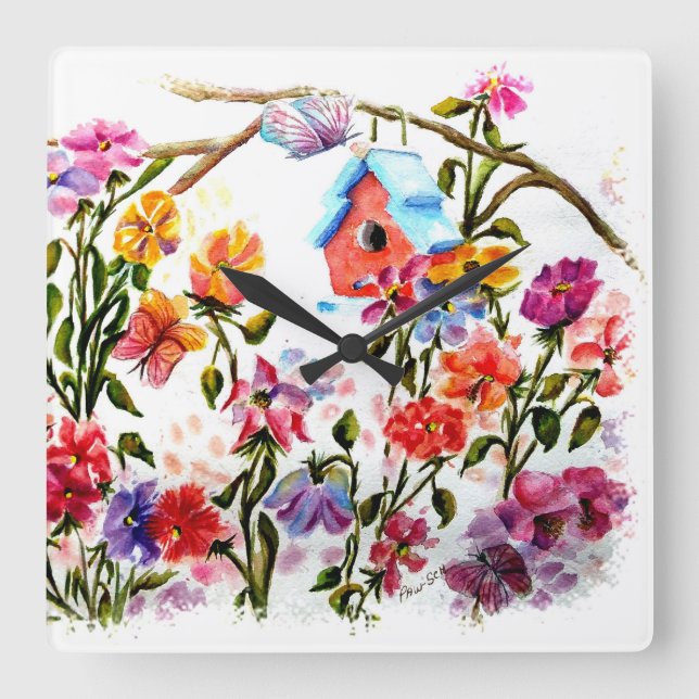 DOG PAW DRUCKT BIRD HOUSE QUADRATISCHE WANDUHR (Vorderseite)