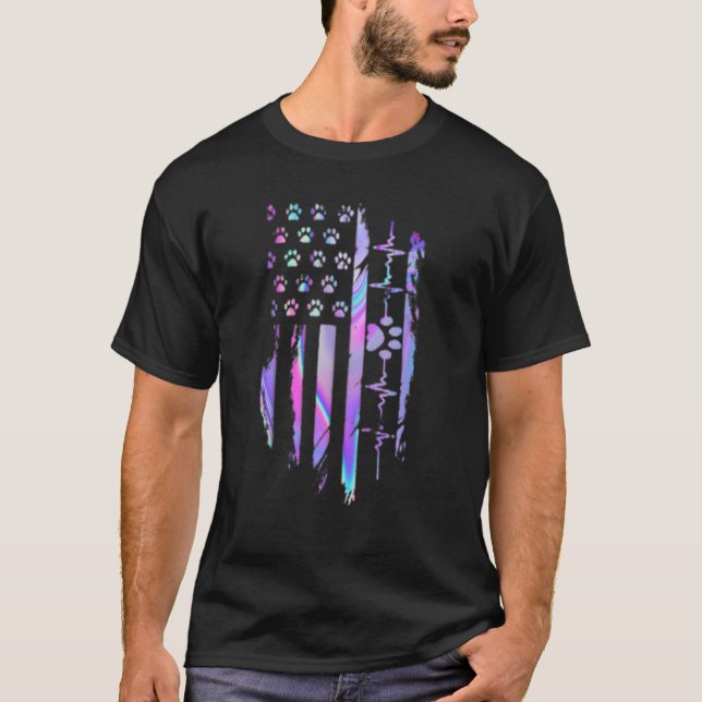 Dog Paw Heartbeat American Flag Hologram T-Shirt (Vorderseite)
