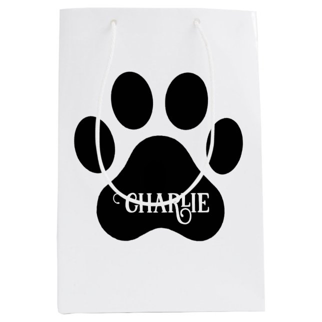 Dog Paw Name Silhouette Design Mittlere Geschenktüte (Vorderseite)