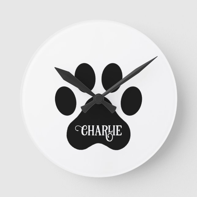 Dog Paw Name Silhouette Design Runde Wanduhr (Vorderseite)