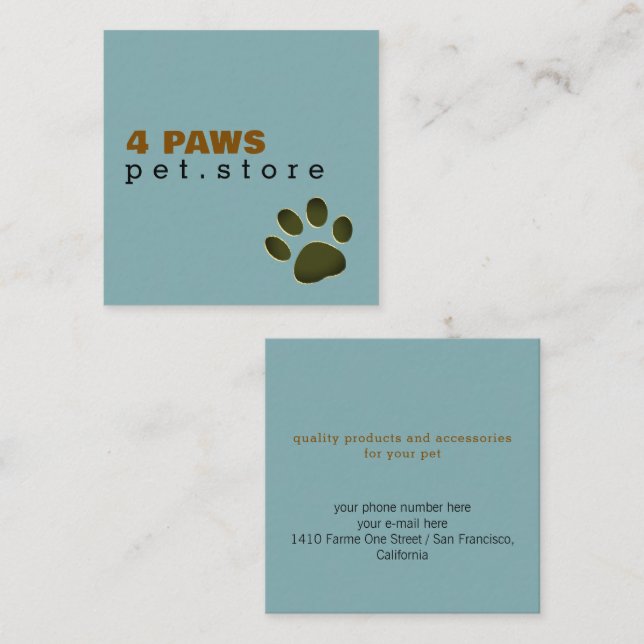 Dog Paw | Pet Store blue modern Quadratische Visitenkarte (Vorne/Hinten)