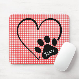 Dog Paw Print and Heart on Gingham Mousepad