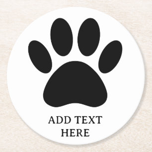 Dog Paw Print Art Black and White Custom Text Runder Pappuntersetzer