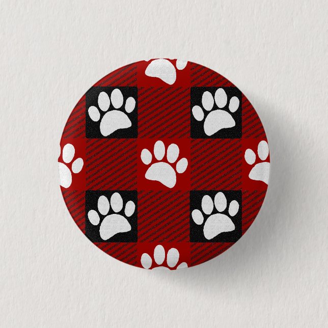 Dog Paw Print Buffalo Kariert in Schwarz und Rot Button (Vorderseite)