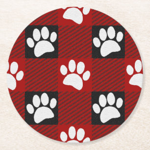 Dog Paw Print Buffalo Kariert in Schwarz und Rot Runder Pappuntersetzer