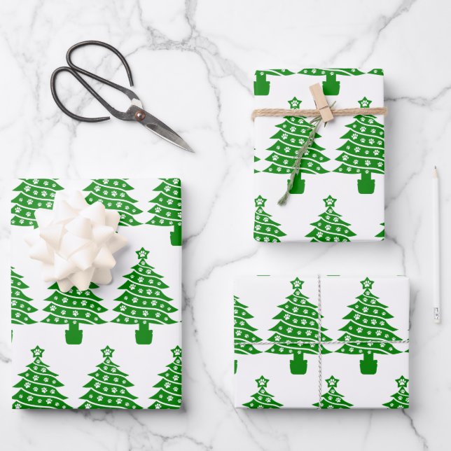 Dog Paw Print Green Christmas Tree Geschenkpapier Set (Vorderseite)