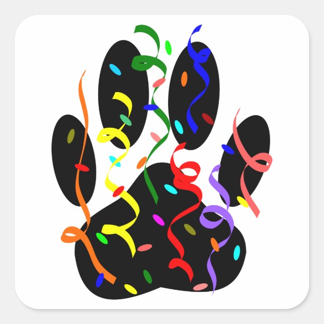 Dog Paw Print mit Confetti und Streamer Quadratischer Aufkleber (Vorderseite)