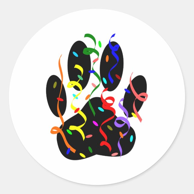 Dog Paw Print mit Confetti und Streamer Runder Aufkleber (Vorderseite)