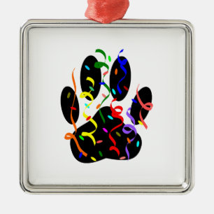 Dog Paw Print mit Confetti und Streamer Silbernes Ornament