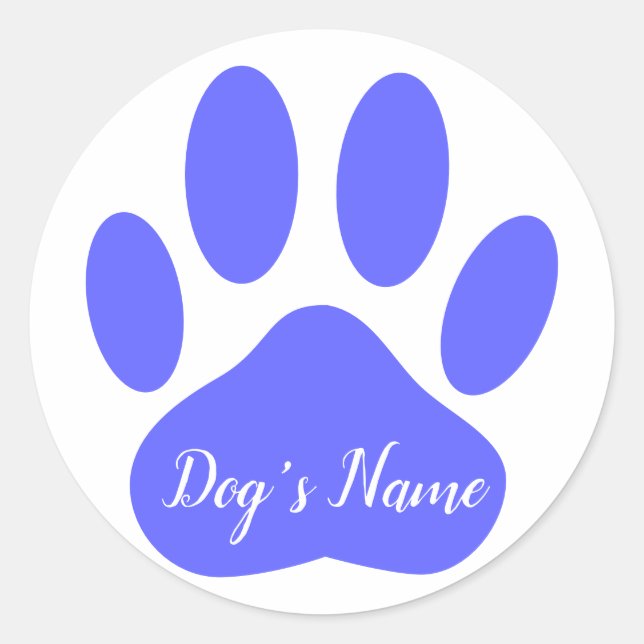 Dog Paw Print mit Individuelle Name Blue Runder Aufkleber (Vorderseite)