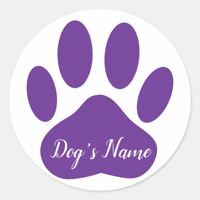 Dog Paw Print mit Individuelle Name Lila Runder Aufkleber (Vorderseite)