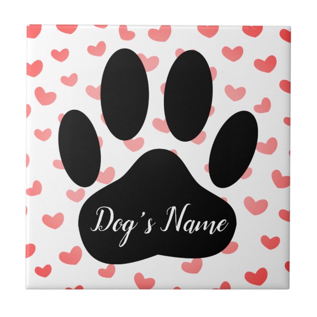 Dog Paw Print mit Individuelle Name Red Hearts Fliese (Vorderseite)