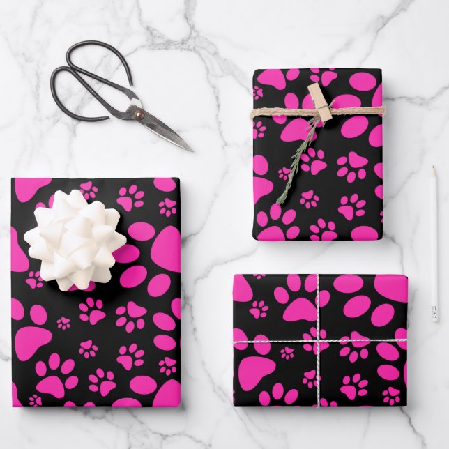 Dog Paw Print Pink Wrapping Paper Sheets Geschenkpapier Set (Vorderseite)