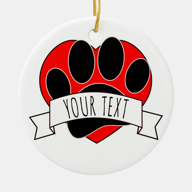 Dog Paw Print Red Heart Banner Keramik Ornament (Vorne)