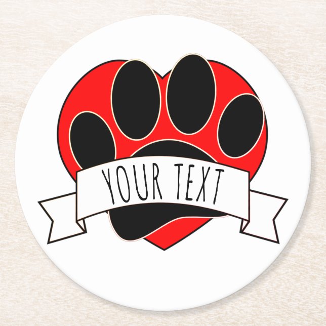 Dog Paw Print Red Heart Banner Runder Pappuntersetzer (Vorderseite)