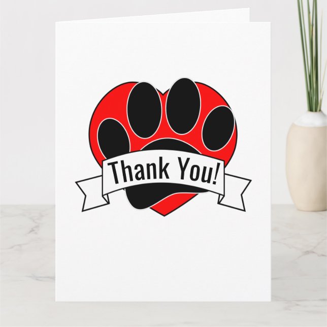 Dog Paw Print Red Heart Banner Vielen Dank Dankeskarte (Vorderseite)