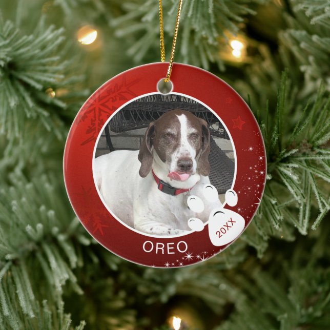 Dog Paw Print Red Snowflake Stars Foto Name Jahr Keramik Ornament (Baum)
