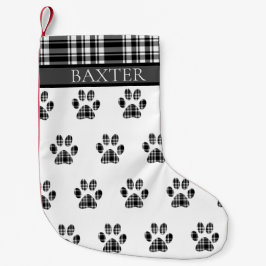 Dog Paw Print Schwarz-Weiß Tartan Kariert Custom Kleiner Weihnachtsstrumpf