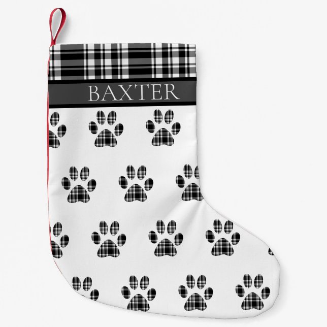 Dog Paw Print Schwarz-Weiß Tartan Kariert Custom Kleiner Weihnachtsstrumpf (Vorderseite)