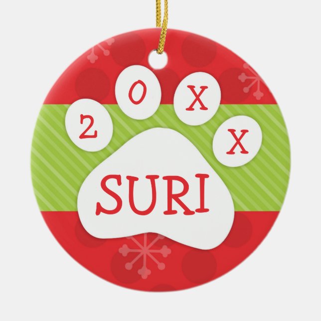 Dog Paw Print Weihnachten Rot und Grün Custom Year Keramik Ornament (Vorne)