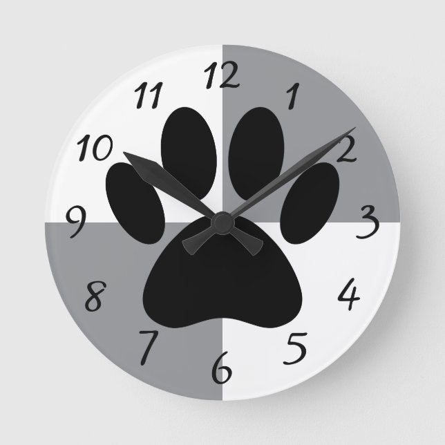 Dog Paw Print White und Grau Custom Runde Wanduhr (Vorderseite)