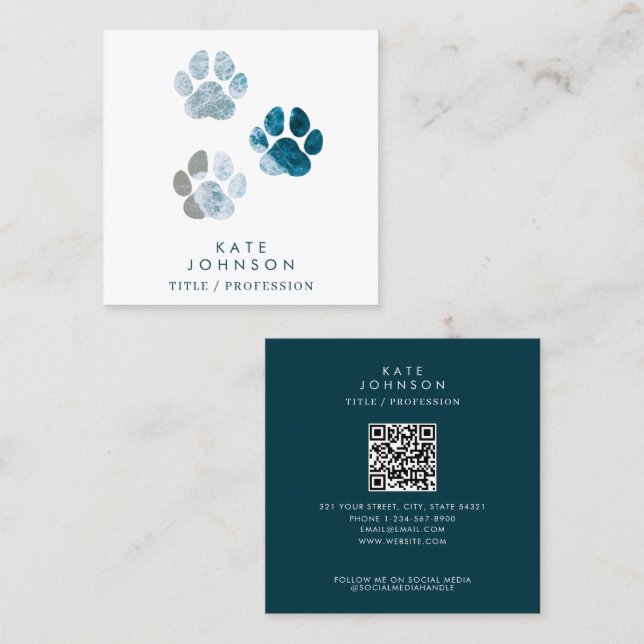 Dog Paw Prints Beach Waves QR Code Social Media Quadratische Visitenkarte (Vorne/Hinten)