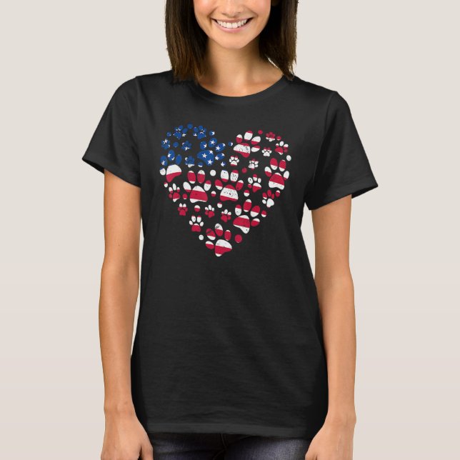 Dog Paw Prints Heart US American Flag 4th Of July  T-Shirt (Vorderseite)