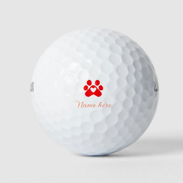 Dog paw red heart pet add name text animal paw  golfball (Vorderseite)