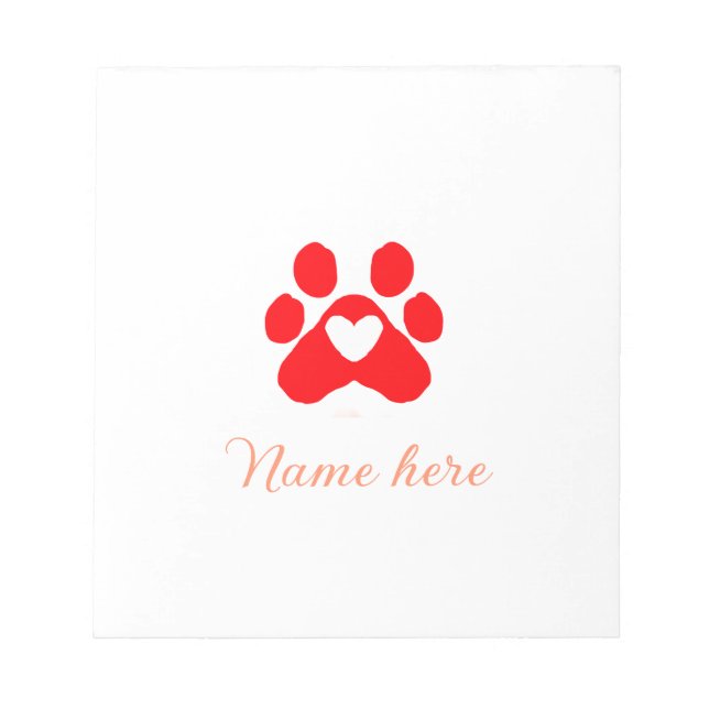 Dog paw red heart pet add name text animal paw  notizblock (Vorderseite)