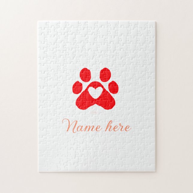 Dog paw red heart pet add name text animal paw  puzzle (Vertikal)