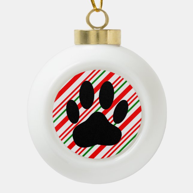 Dog Pawprint Candy Cane Keramik Kugel-Ornament (Vorderseite)