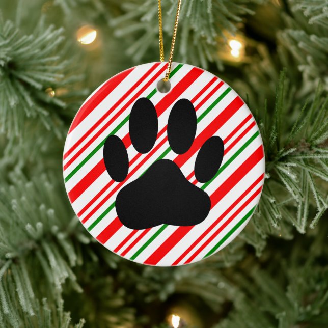 Dog Pawprint Candy Cane Keramik Ornament (Baum)