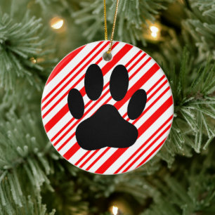 Dog Pawprint Candy Cane Keramik Ornament