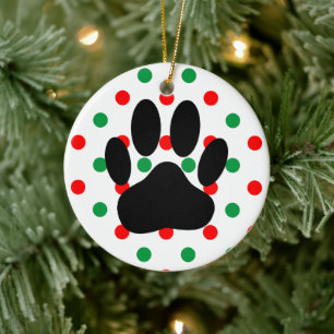 Dog Pawprint Red Green Polka Dots Keramik Ornament