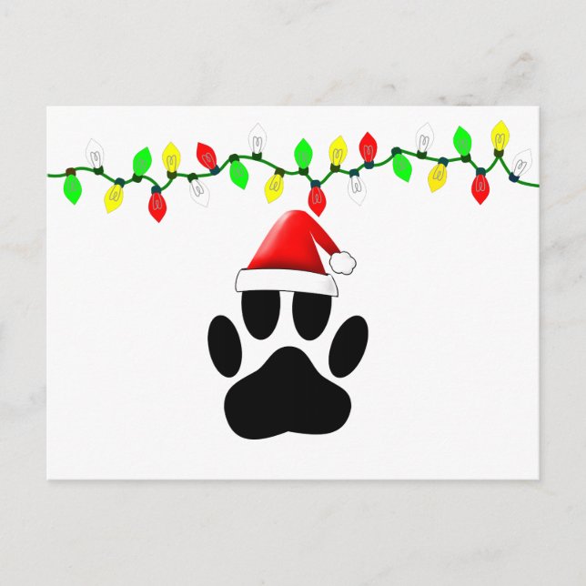 Dog Pawprint Weihnachtsmannmütze Weihnachtslichter Feiertagspostkarte (Vorderseite)