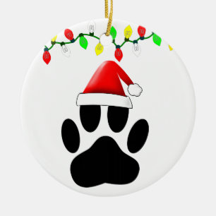 Dog Pawprint Weihnachtsmannmütze Weihnachtslichter Keramik Ornament