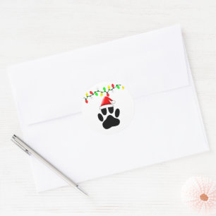 Dog Pawprint Weihnachtsmannmütze Weihnachtslichter Runder Aufkleber
