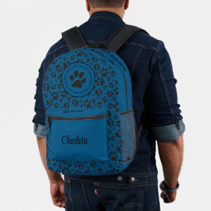 Dog Paws Black and White Polka Dot auf blau Bedruckter Rucksack
