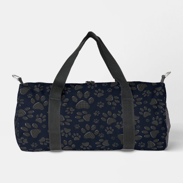 Dog Paws Black and White Polka Dot auf dunkelblau Duffle Bag (Vorderseite)