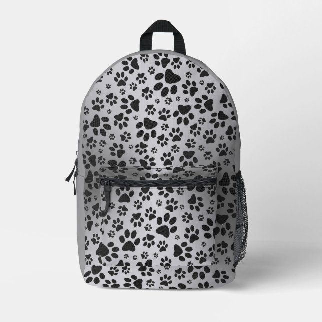 Dog Paws Black and White Polka Dot auf Metall Silb Bedruckter Rucksack (Vorderseite)