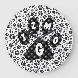 Dog Paws Black and White Polka Dot Large Clock Große Wanduhr