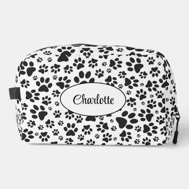Dog Paws Black and White Polka Dot Waschbeutel (Vorderseite)