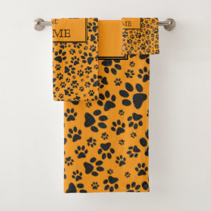 Dog Paws Black & White Polka Dot auf Dahlia Orange Badhandtuch Set