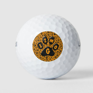 Dog Paws Black & White Polka Dot auf Dahlia Orange Golfball