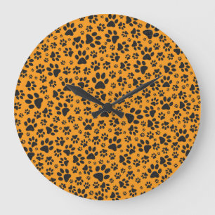 Dog Paws Black & White Polka Dot auf Dahlia Orange Große Wanduhr
